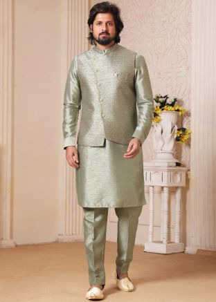 Green Readymade Kurta Pajama And Jacket Set