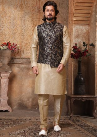 Readymade Cream Mens Silk Kurta Pajama With Jacket