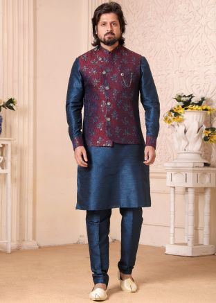 Blue Readymade Silk Kurta Pajama With Jacket