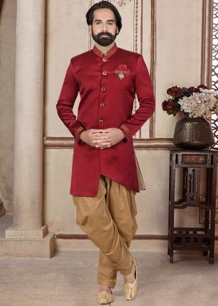 Maroon Asymmetric Woven Sherwani With Dhoti
