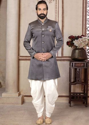 Grey Jacquard Indo Western Sherwani In Woven Work