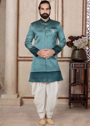 Green Woven Indo Western Sherwani With Dhoti