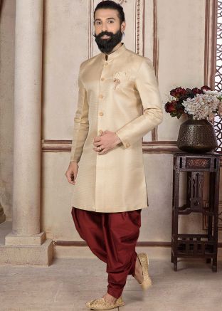 Golden Woven Brocade Sherwani With Dhoti