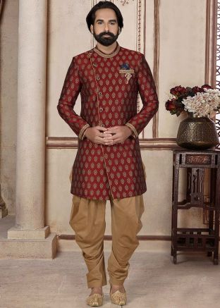 Maroon Woven Brocade Indo Western Sherwani Set