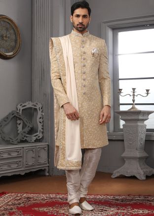 Cream Chikankari Embroidered Readymade Sherwani