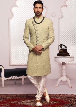 Cream Chikankari Readymade Art Silk Sherwani
