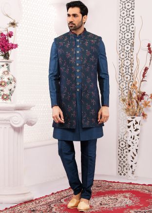 Blue Woven Readymade Silk Sherwani Set