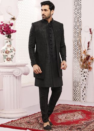 Black Embroidered Readymade Silk Sherwani Set