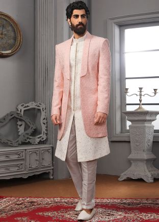Pink Readymade Mens Chikankari Sherwani Set