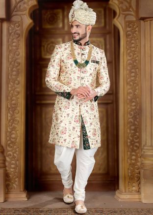 Cream Readymade Embroidered Groom Sherwani