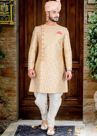 Cream Readymade Mens Embroidered Sherwani