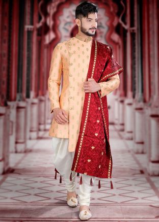 Peach Embroidered Asymmetric Readymade Sherwani