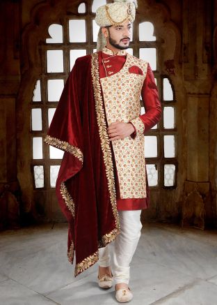 Readymade Maroon Embroidered Groom Sherwani