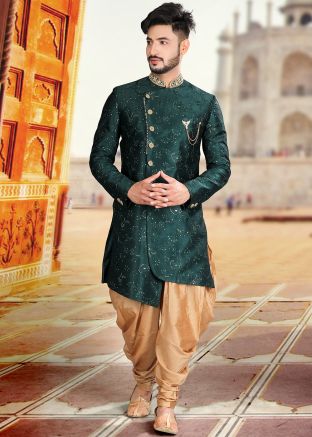 Green Embroidered Asymmetric Readymade Sherwani With Dhoti
