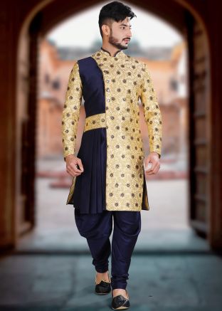 Blue Silk Embroidered Readymade Sherwani Set