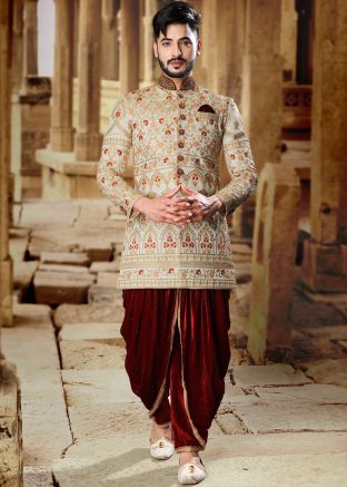 Readymade Cream Embroidered Sherwani With Dhoti