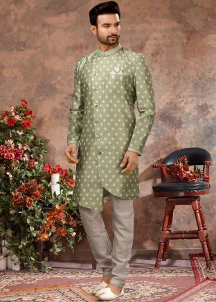 Green Digital Printed Readymade Asymmetric Sherwani