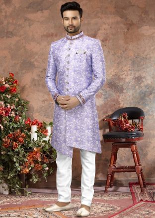 Purple Floral Readymade Jacquard Sherwani
