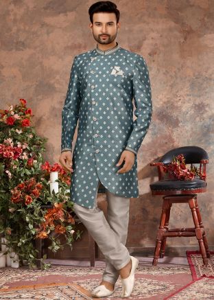 Blue Printed Asymmetric Readymade Sherwani