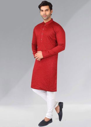 Red Embroidered Art Silk Readymade Kurta Pajama