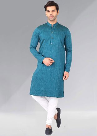 Blue Embroidered Art Silk Readymade Kurta Pajama