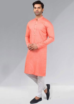Readymade Orange Silk Embroidered Mens Kurta Churidaar