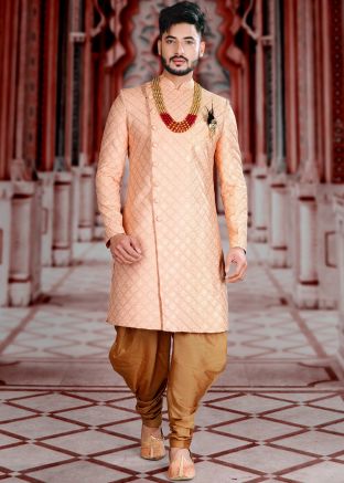 Readymade Peach Embroidered Indo Western Sherwani Set