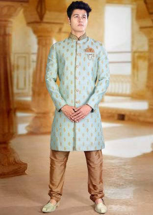 Green Embroidered Indo Western Sherwani In Art Silk