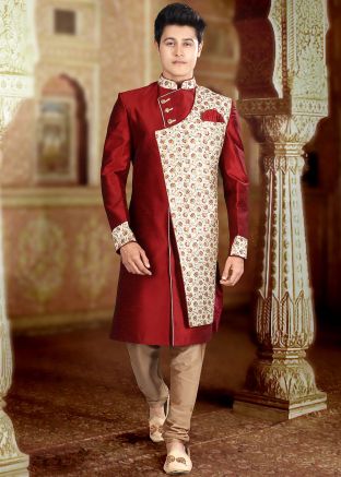 Maroon Overlapped Embroidered Indo Western Sherwani