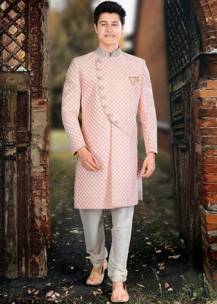 Peach Embroidered Silk Indo Western Sherwani