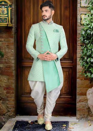 Green Embroidered Asymmetric Indo Western Sherwani