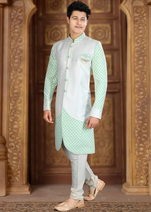 Green & White Embroidered Art Silk Indo Western Sherwani