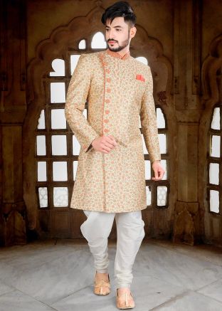 Cream Zari Embroidered Art Silk Sherwani With Churidar