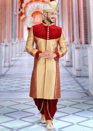 Golden & Maroon Woven Indo Western Sherwani With Dhoti