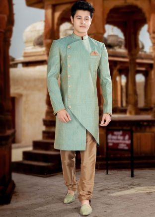 Blue Asymmetric Woven Indo Western Sherwani