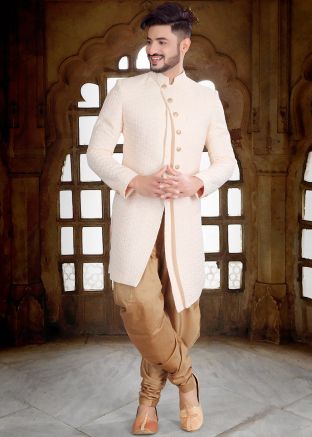 Readymade Embroidered Peach Indo Western Sherwani Set