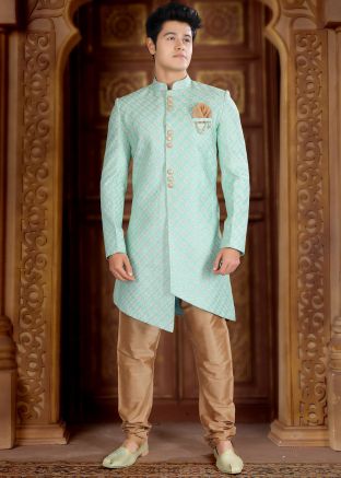 Green Chikankari Embroidered Asymmetric Indo Western Sherwani