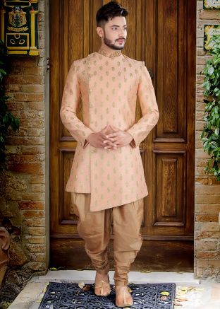 Peach Zari Embroidered Asymmetric Sherwani With Dhoti