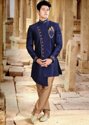 Navy Blue Asymmetric Indo Western Sherwani In Art Silk