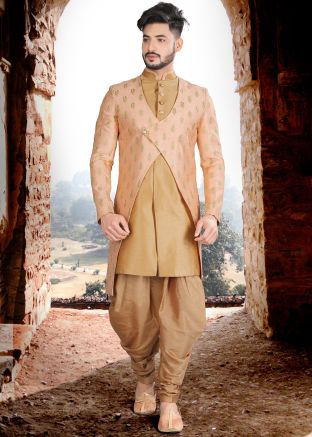 Peach & Golden Overlapped Embroidered Indo Western Sherwani