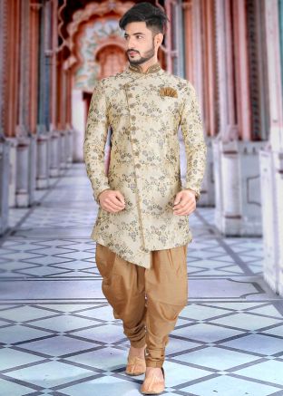 Readymade Cream Embroidered Indo Western Sherwani Set