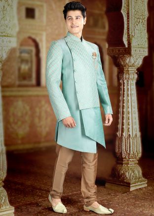 Blue Chikankari Embroidered Indo Western Sherwani