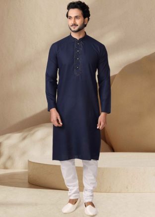 Navy Blue Mens Kurta Pajama In Cotton