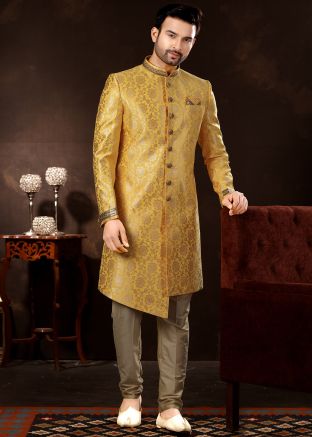 Yellow Readymade Jacquard Indo Western Sherwani