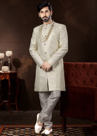 White Embroidered Mens Readymade Indo Western Sherwani