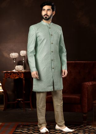 Green Embroidered Readymade Indo Western Sherwani