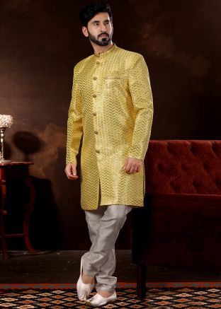 Yellow Zari Embroidered Readymade Mens Sherwani