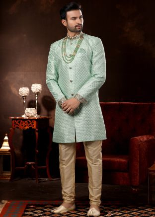 Green Readymade Indo Western Sherwani With Embroidery