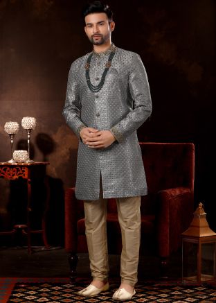 Readymade Grey Mens Indo Western Silk Sherwani