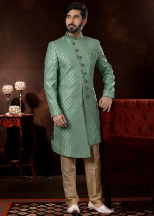 Green Zari Woven Readymade Asymmetric Sherwani